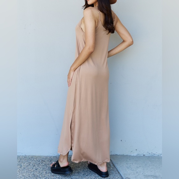 SALE! Ninexis Good Energy Full Size Cami Side Slit Maxi Dress in Camel Tan - Picture 4 of 5